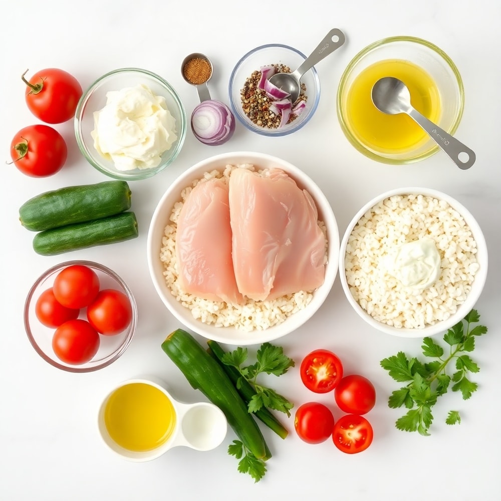Raw ingredients for Greek Chicken Bowl: chicken, rice, veggies, spices, and dressing