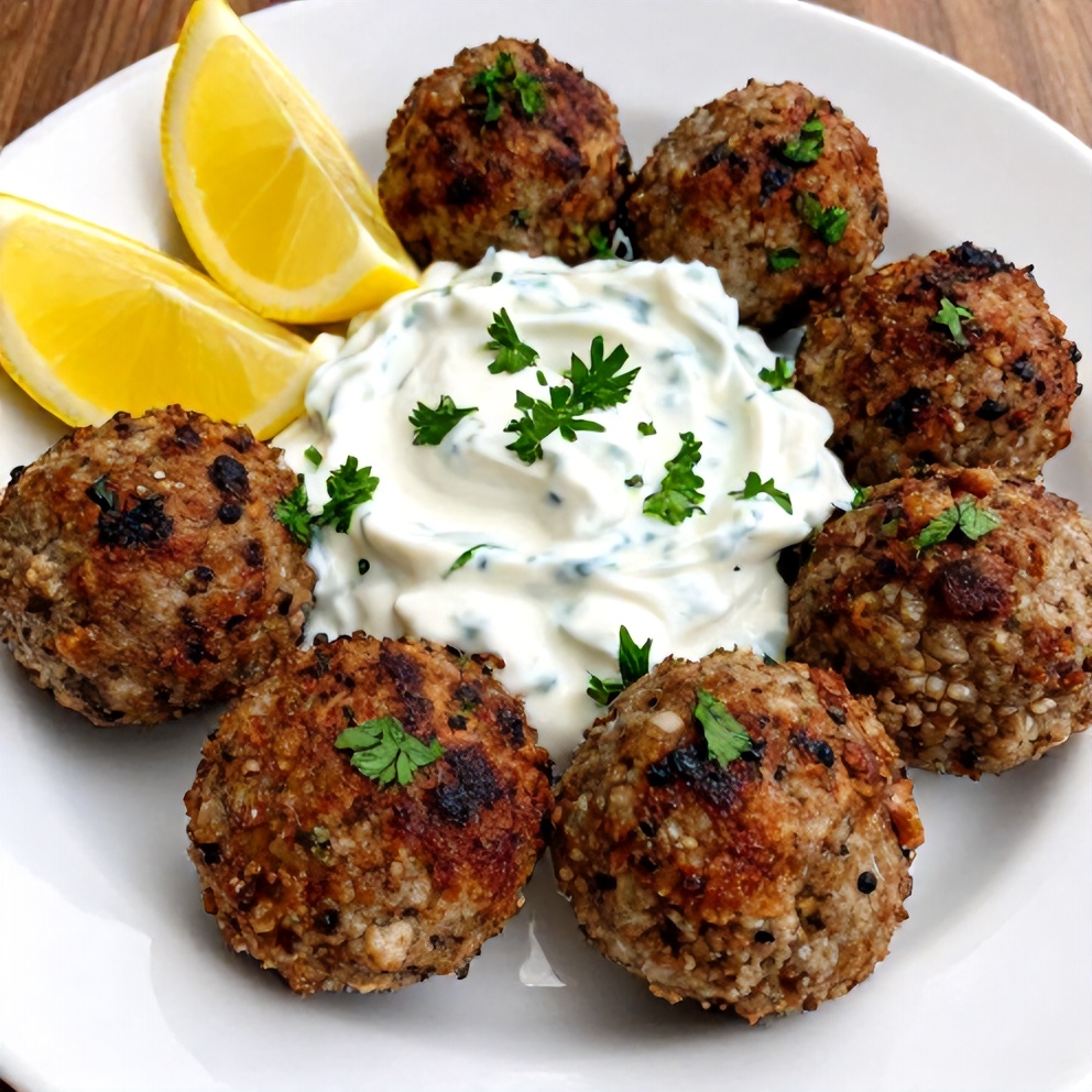 Plated Greek Lentil Meatballs with Tzatziki Sauce