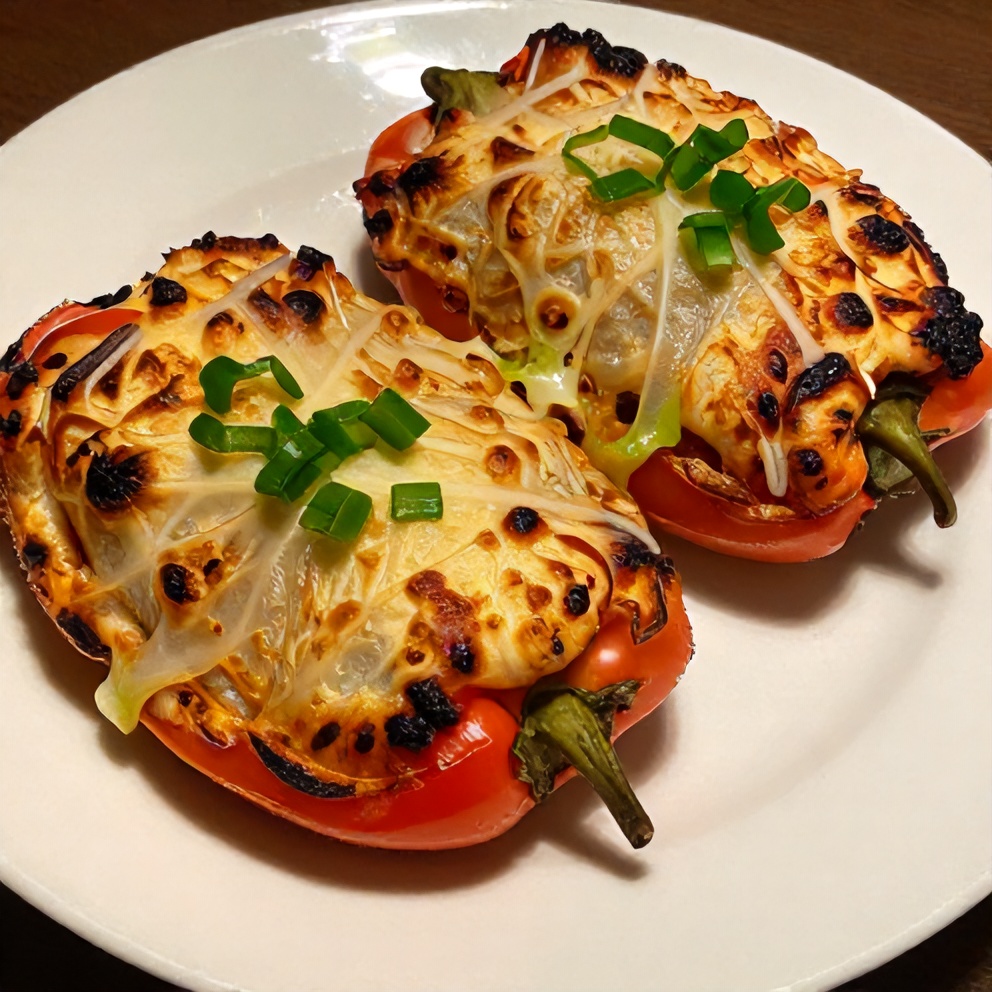 Plated Hawaiian Pizza Stuffed Pepper with green onion garnish