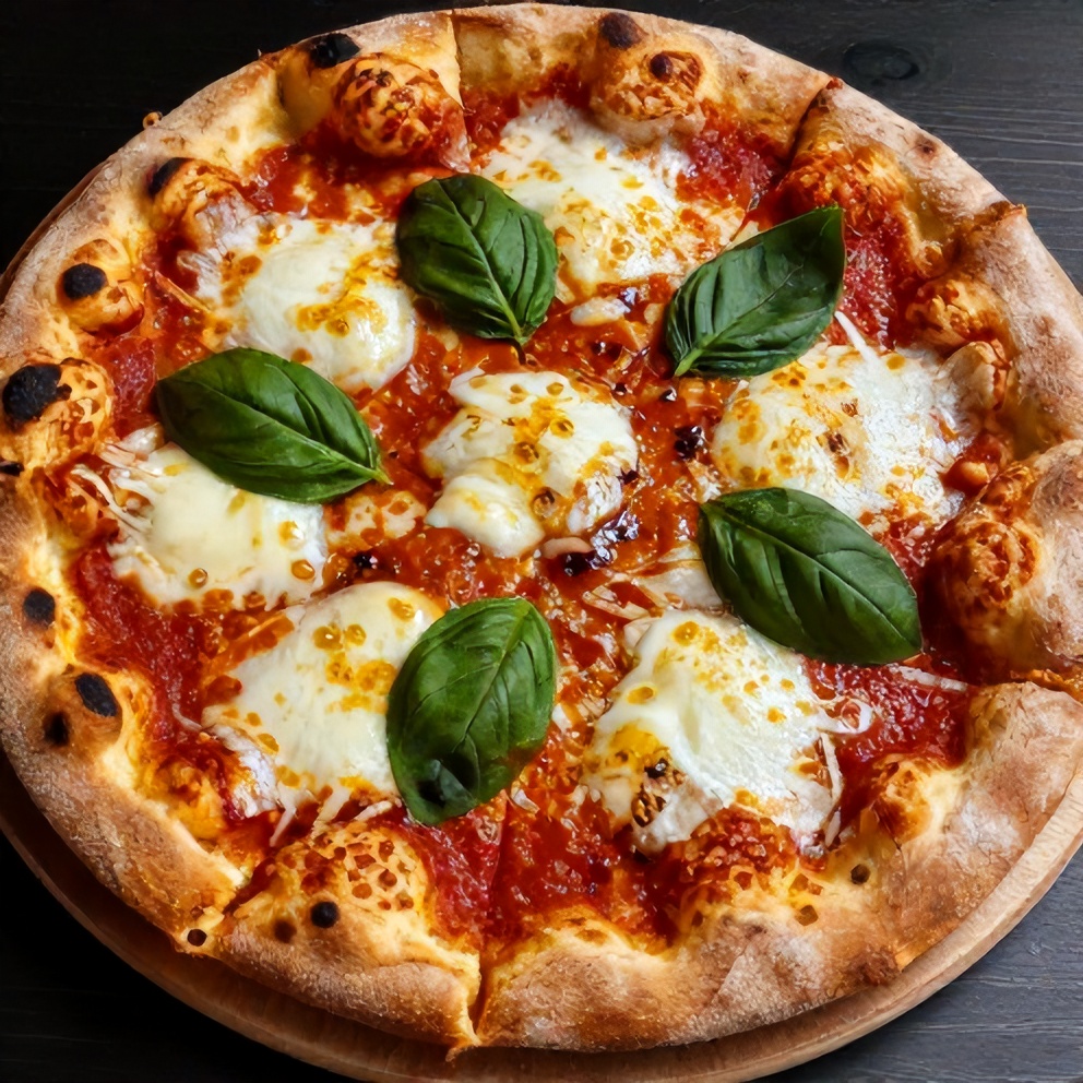 Sliced Sicilian-style pizza on a wooden plate