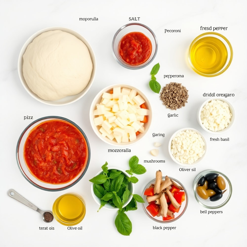 Raw ingredients for Sicilian-style pizza on a marble surface