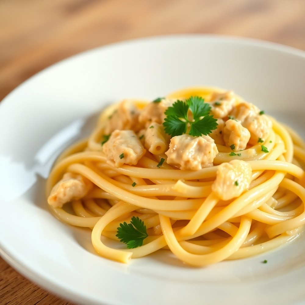 Lemon Chicken Pasta plated on a white dish, garnished with fresh parsley, close crop, warm side lighting, photorealistic food photography.