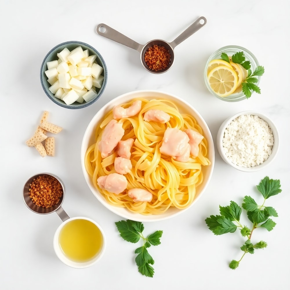 Raw ingredients for Lemon Chicken Pasta arranged as an overhead flat lay on white marble surface, bright even natural light, measuring spoons and bowls visible, photorealistic overhead food photography.