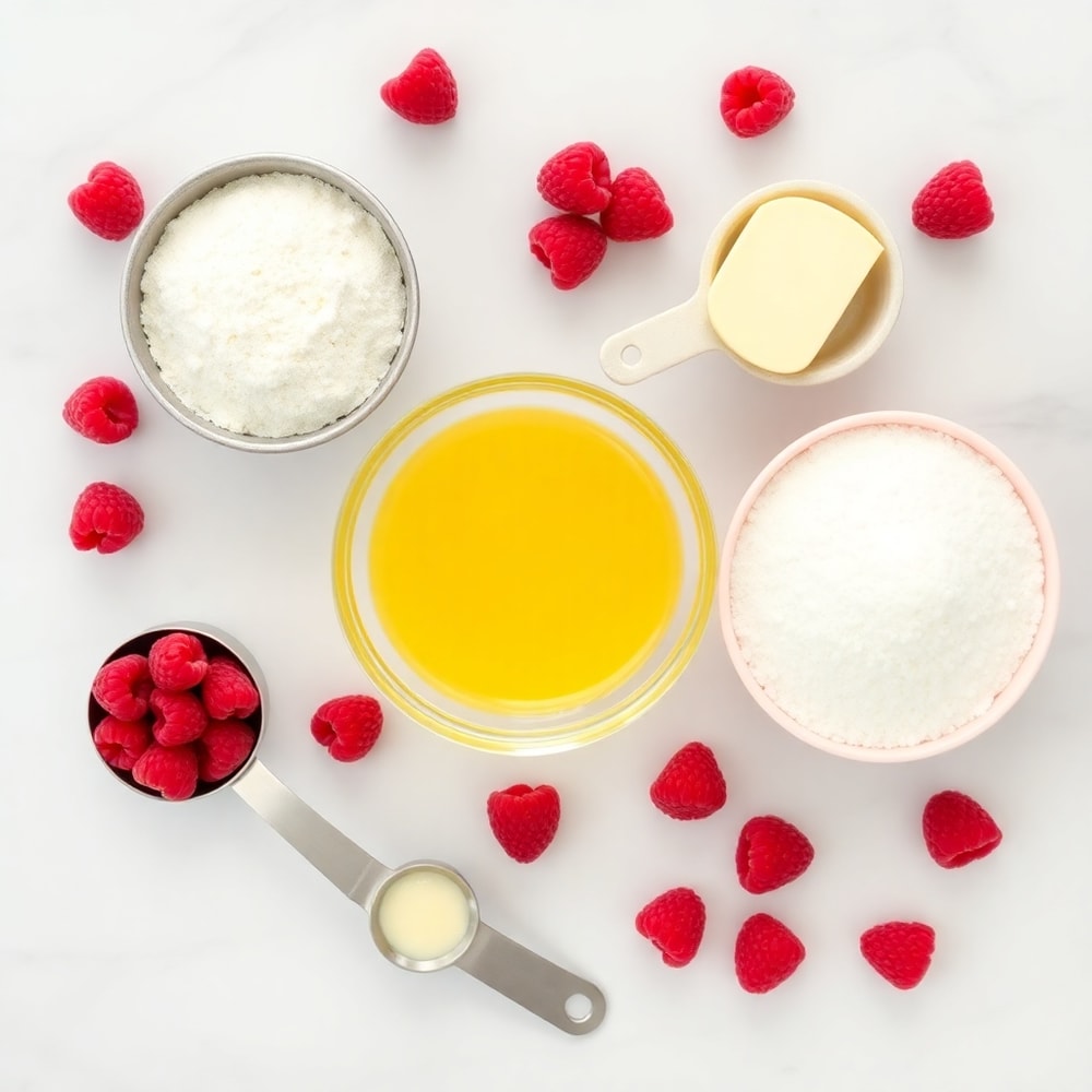 Lemon raspberry cookie ingredients on a marble surface