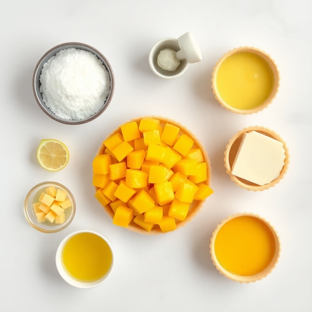 Mango, butter, eggs, sugar, and tart shell on a marble surface