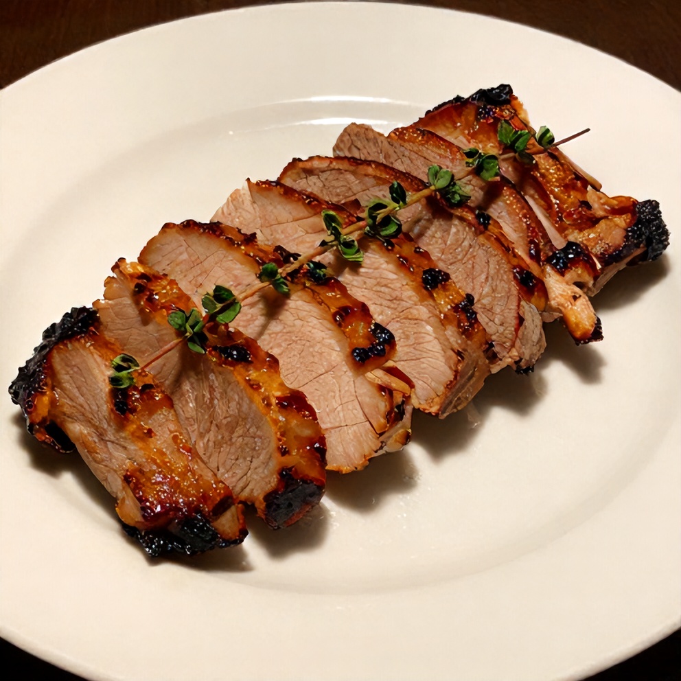 Plated serving of maple dijon pork tenderloin with fresh thyme