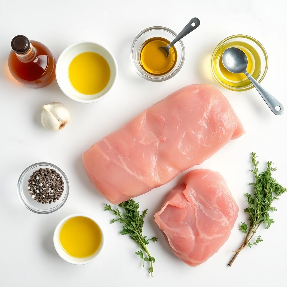Raw ingredients for maple dijon pork tenderloin on a marble surface