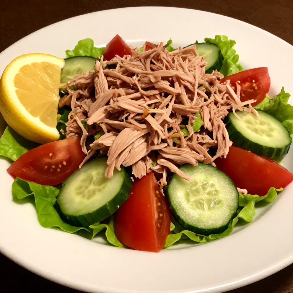 Plated Mediterranean Tuna Salad with lemon wedge