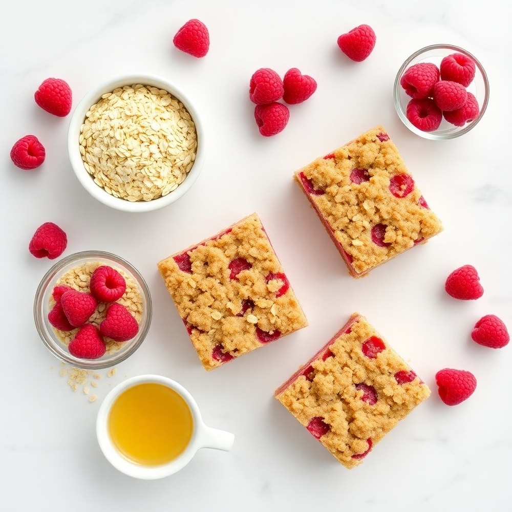Raspberry Oatmeal Crumble Bars ingredients - Oats, flour, butter, sugar, raspberries, and lemon juice