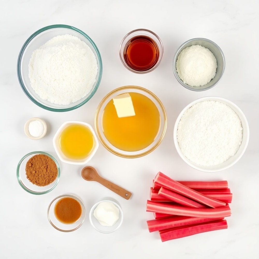 Raw ingredients for Easy Rhubarb Cake: flour, sugar, eggs, butter, rhubarb, baking powder, salt, vanilla extract