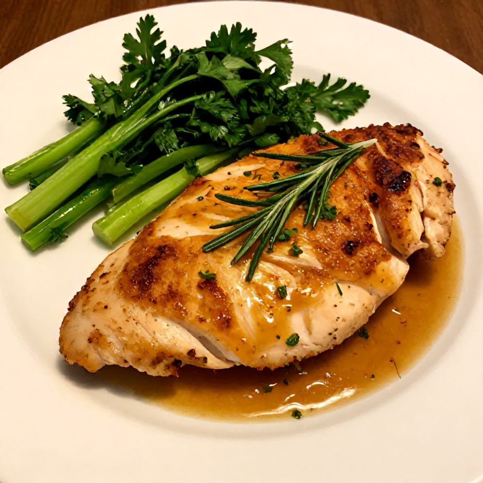Plated Rosemary Dijon Chicken Breast with a side of steamed vegetables
