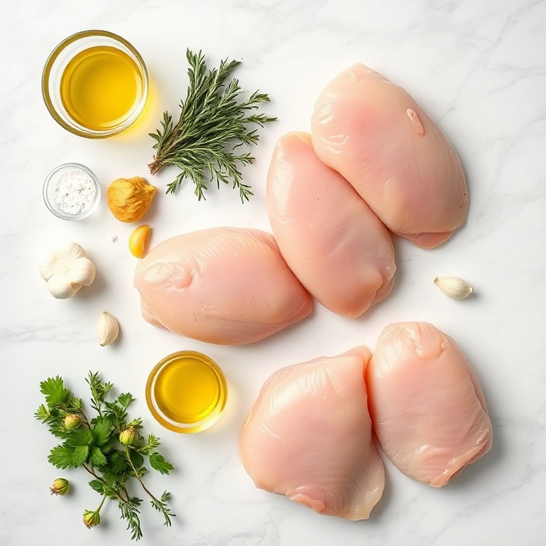 Rosemary, Dijon mustard, chicken breasts, garlic, olive oil, salt, pepper, and chicken breasts on a marble surface