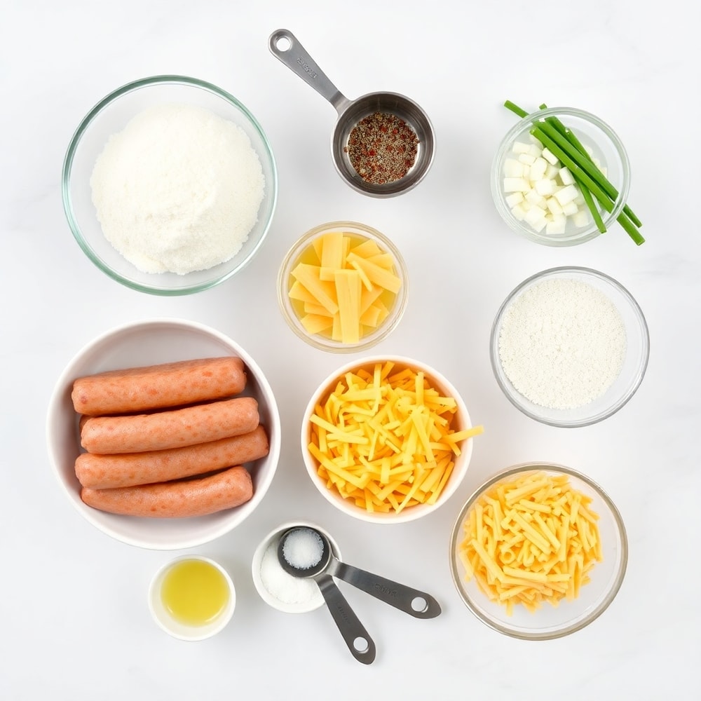 Raw ingredients for sausage pancake bites on a marble surface