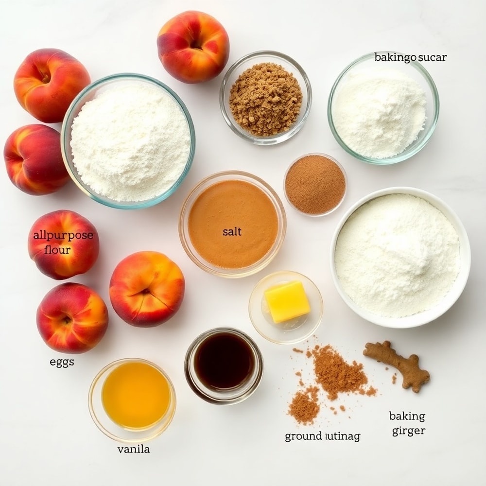 Raw ingredients for Easy Spiced Peach Bread on a marble surface