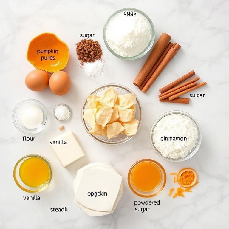 An overhead shot of the ingredients for the spiced pumpkin roll