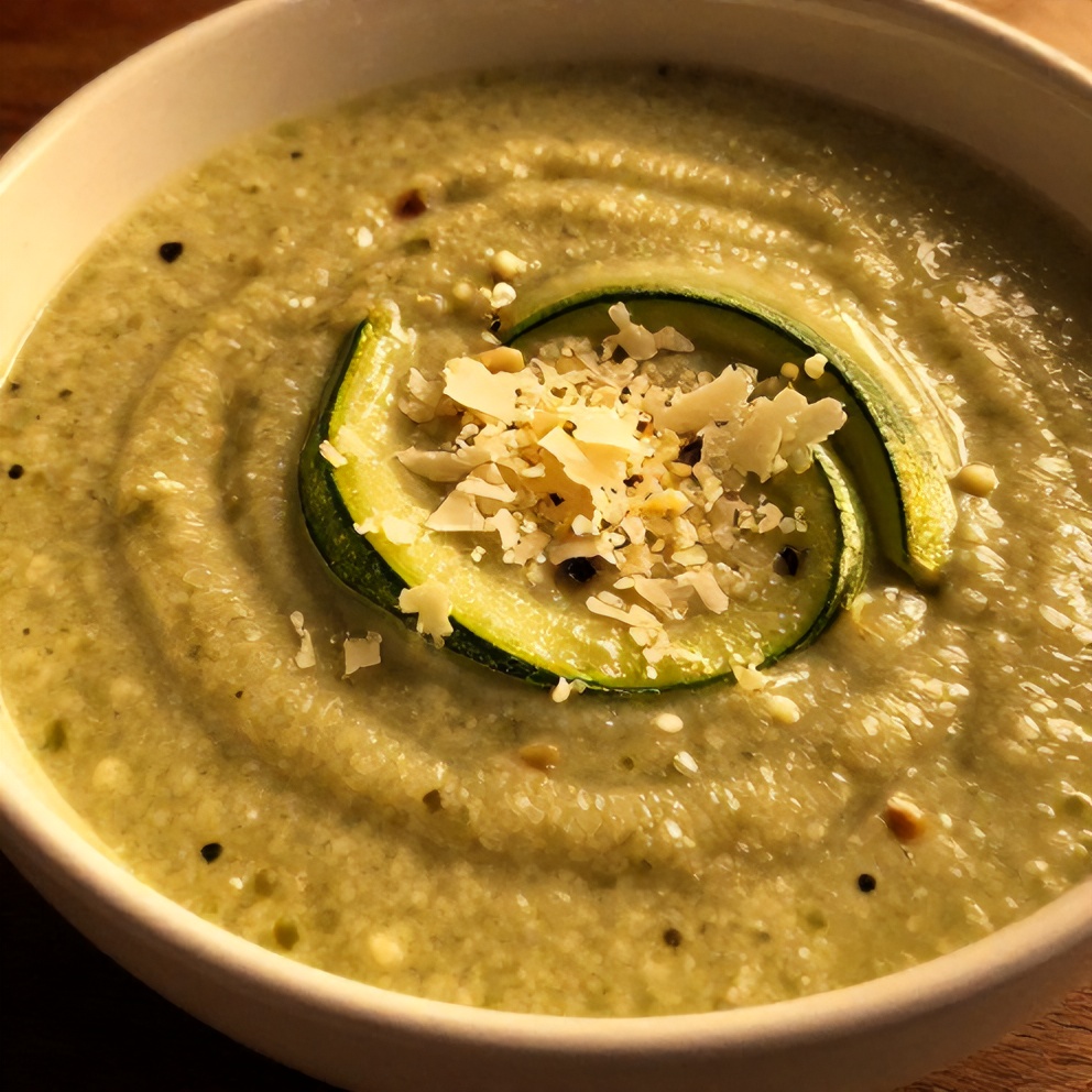 Bowl of zucchini basil soup with a sprinkle of parmesan