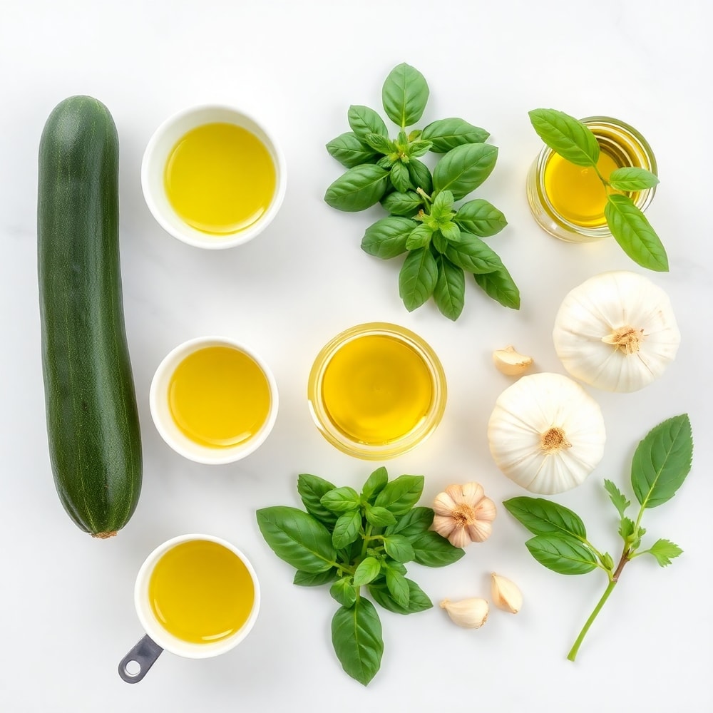 Zucchini, basil, garlic, onion, and olive oil on a wooden board