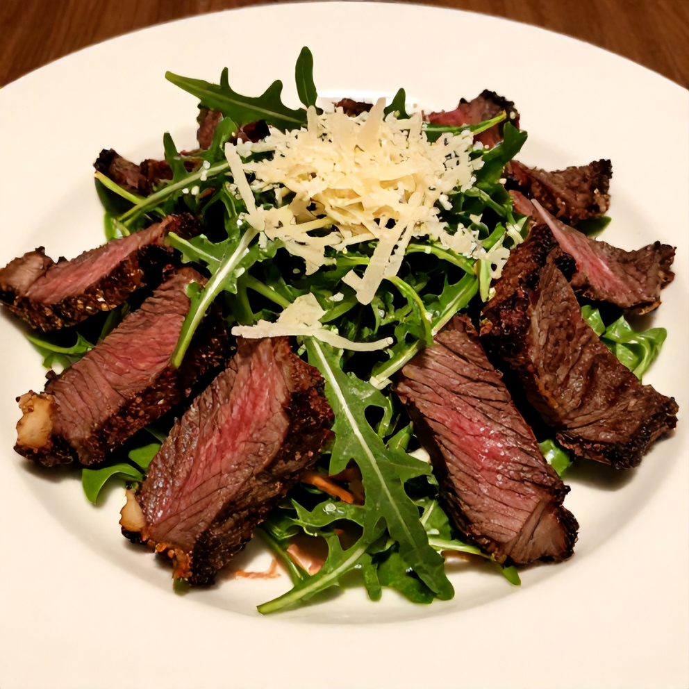 Plated steak and arugula salad with crispy steak and fresh arugula