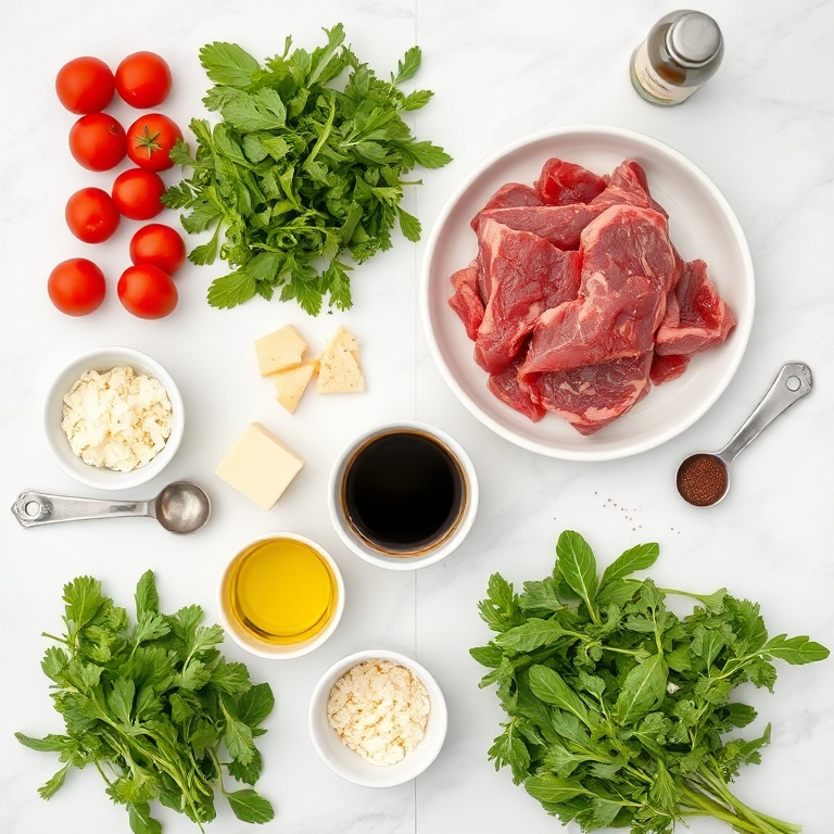 Raw ingredients for steak and arugula salad: steak, arugula, cherry tomatoes, Parmesan, olive oil, balsamic vinegar, Dijon mustard