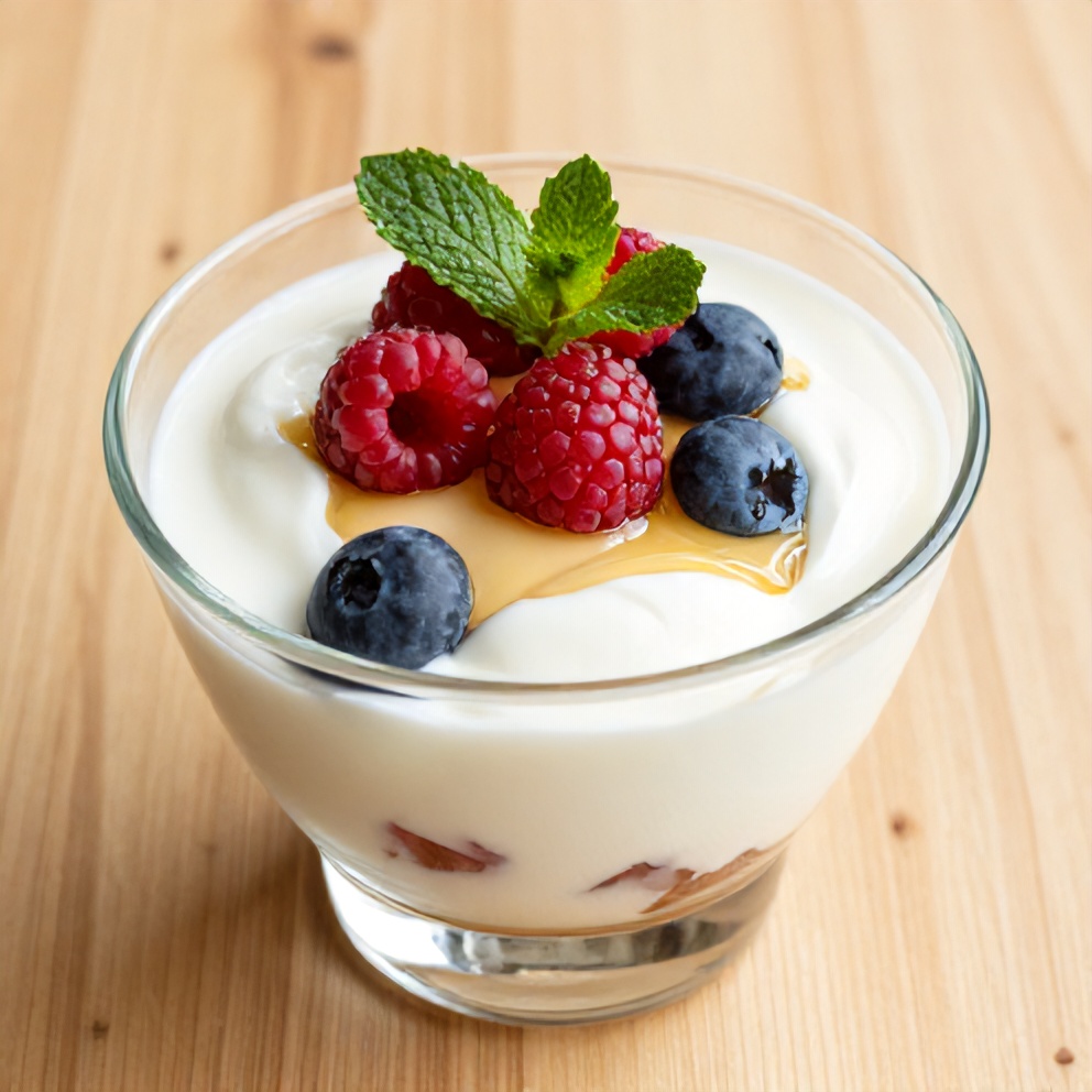 Finished easy summer yogurt parfait with fresh berries and honey