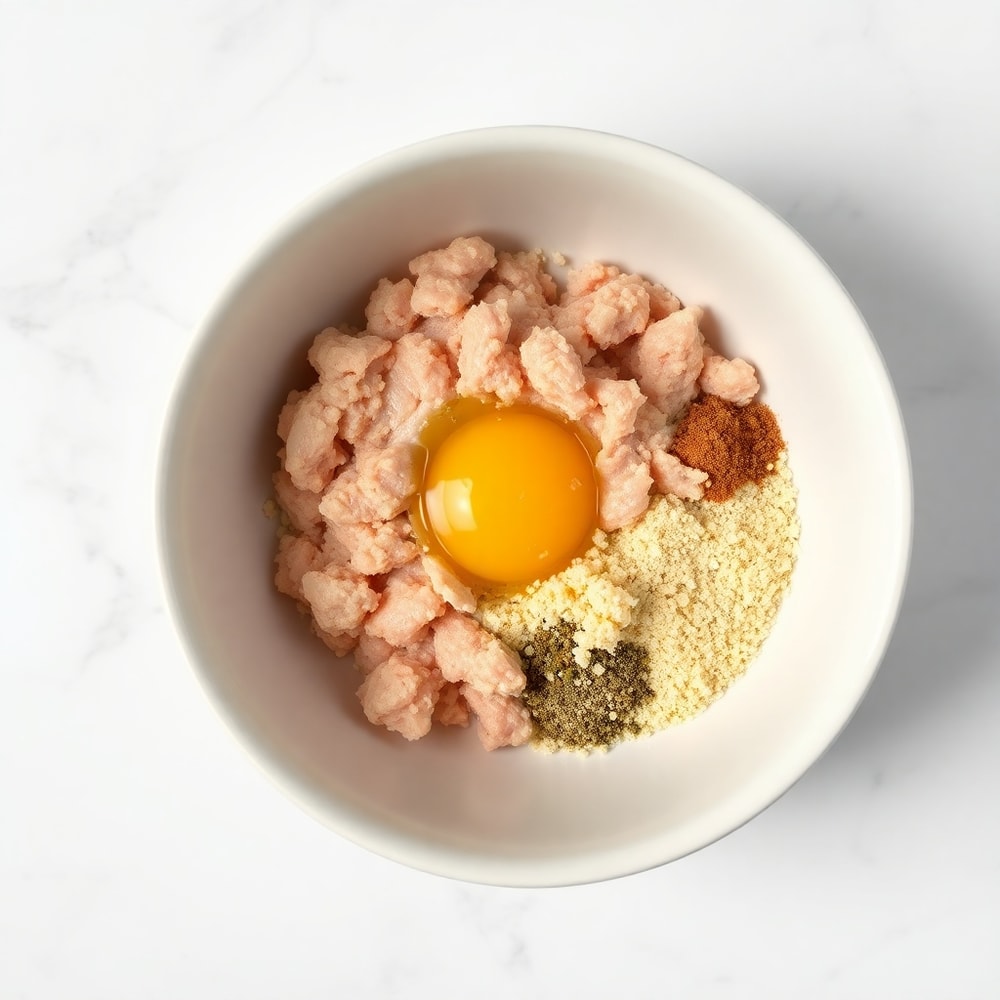 Bowl of ground turkey, breadcrumbs, egg, and seasonings on a wooden surface