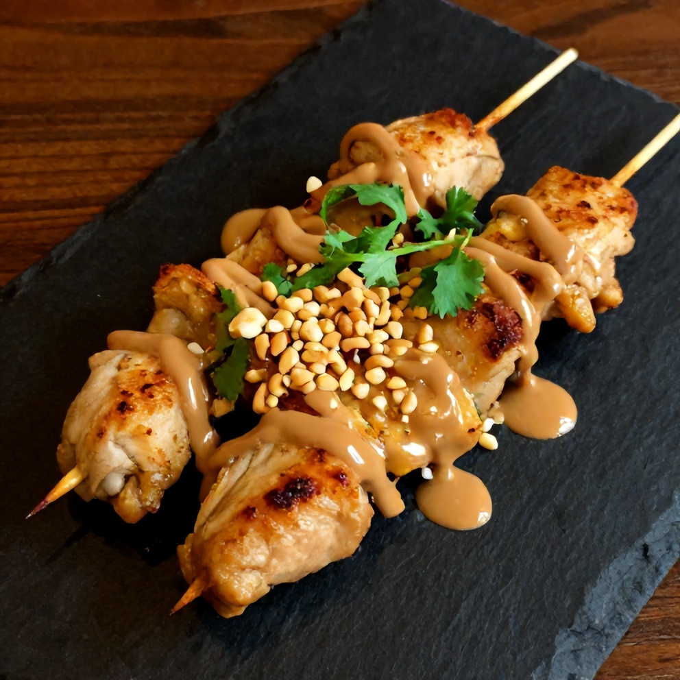Plated Vietnamese Lemongrass Chicken Skewers with Peanut Sauce