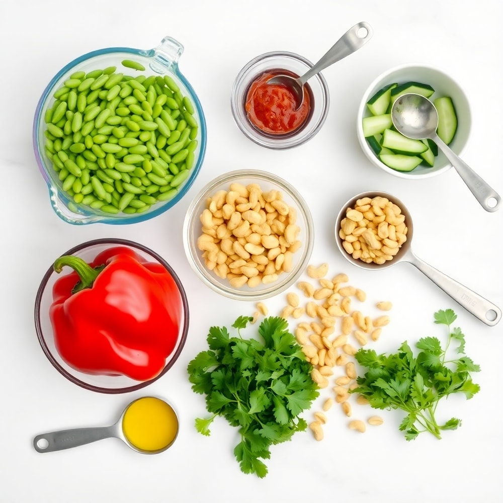 Raw ingredients for Edamame Peanut Crunch Salad