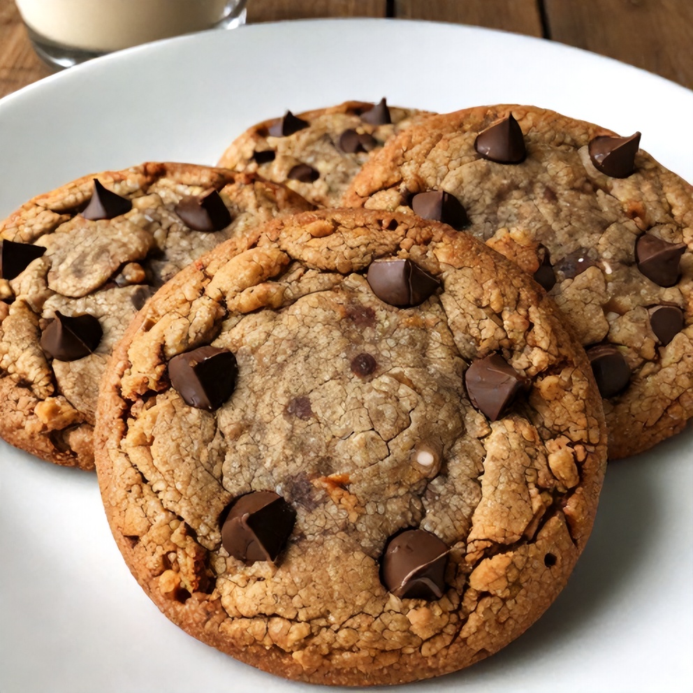 Plated Espresso Chocolate Chip Cookies with a glass of milk