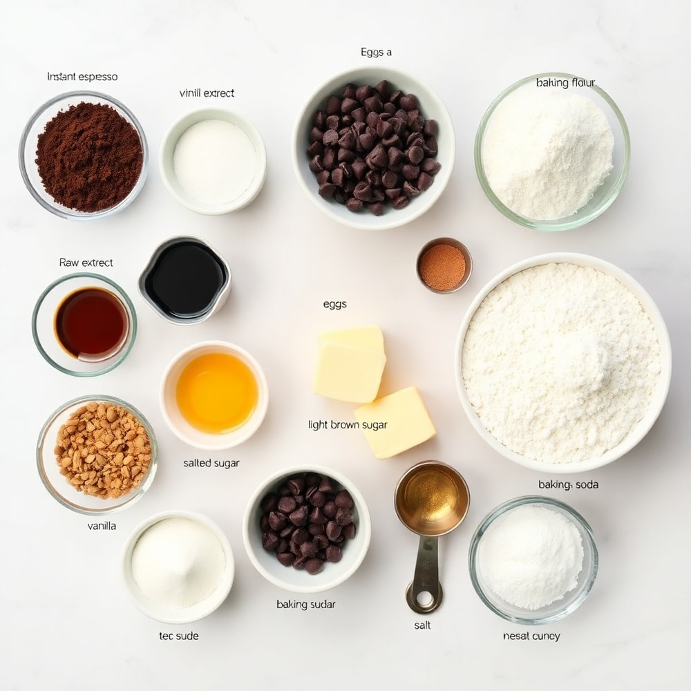 Raw ingredients for Espresso Chocolate Chip Cookies in a flat lay
