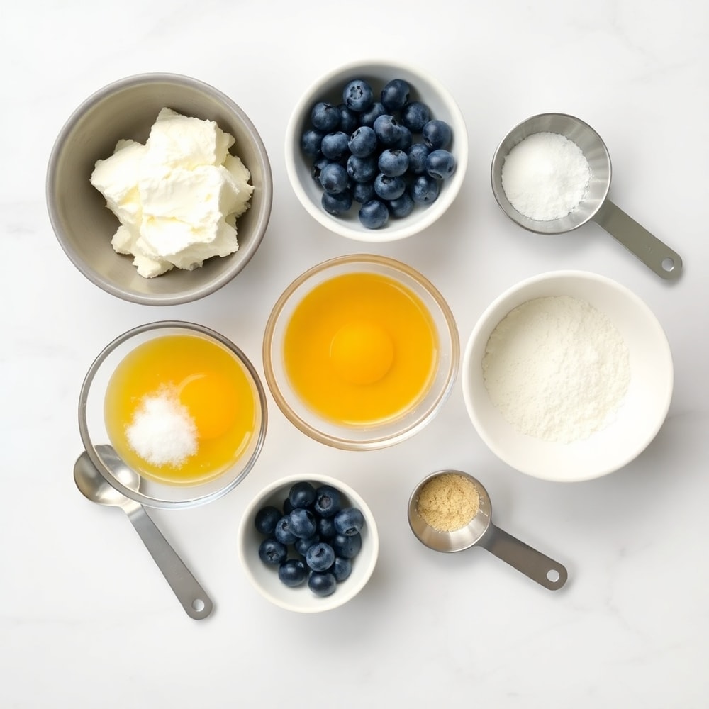 Raw ingredients for Cottage Cheese Blueberry Cloud Bread on a marble surface