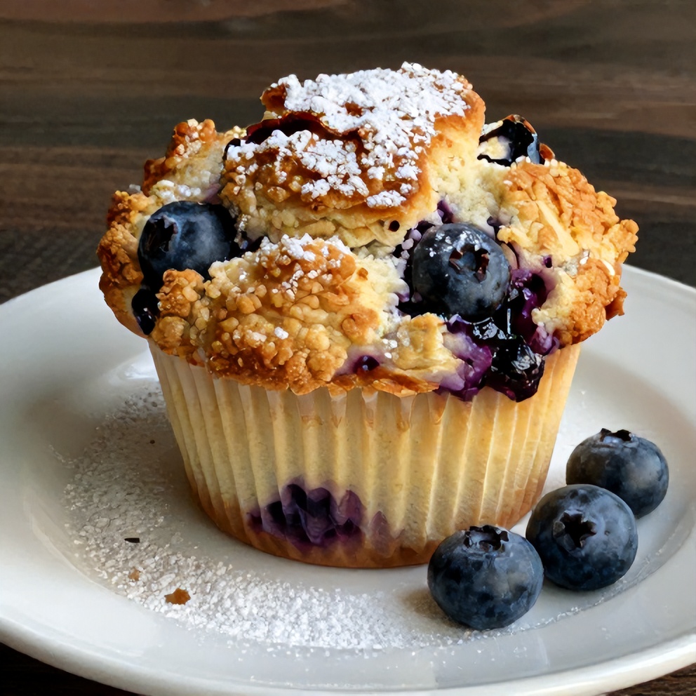Plated jumbo blueberry muffin with cinnamon crumble topping