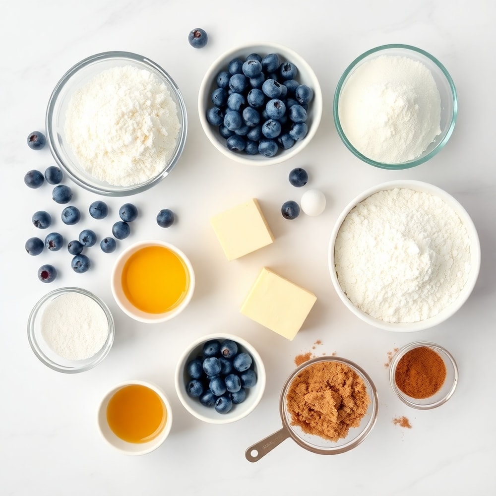 Blueberries, flour, sugar, eggs, butter, and other ingredients for fluffy muffins