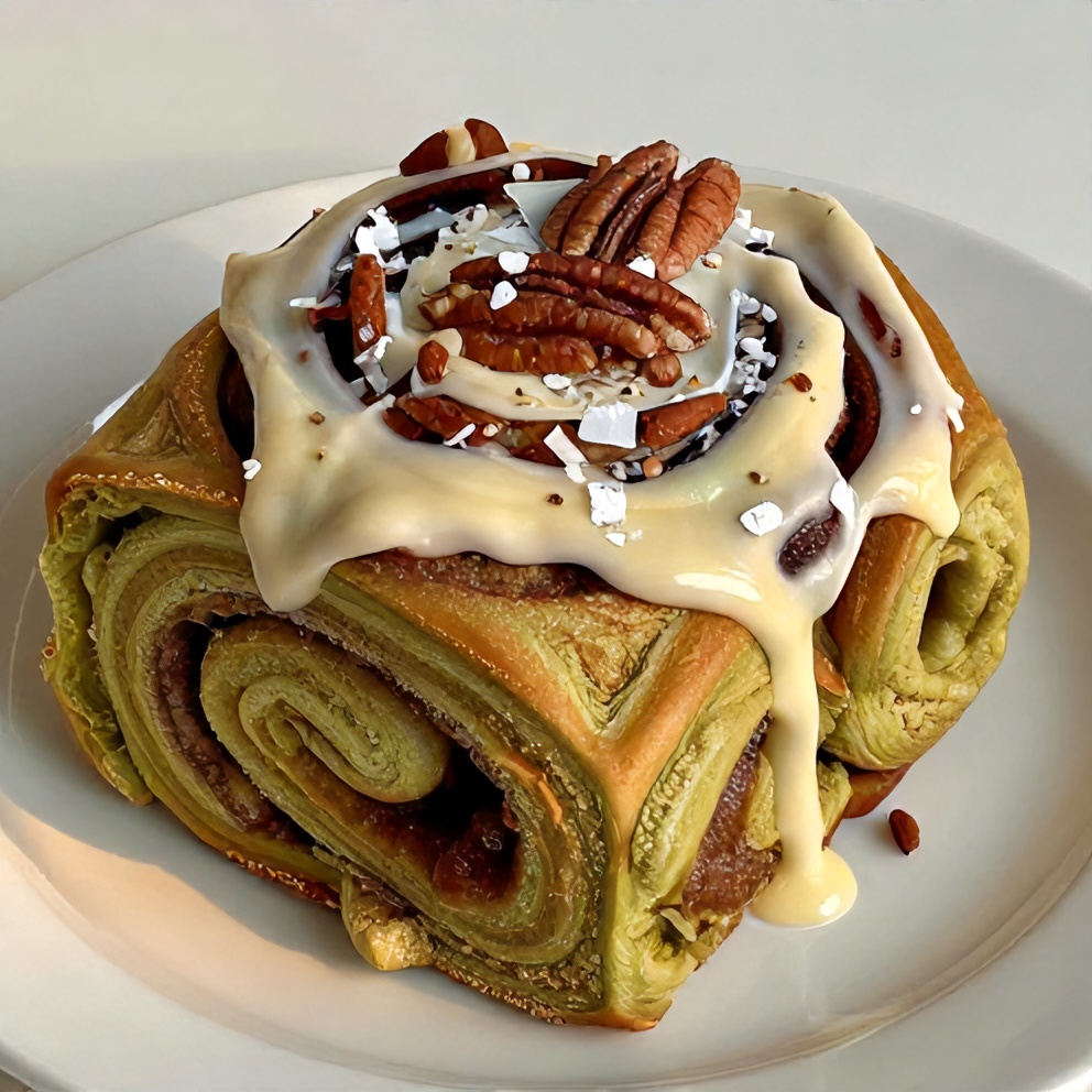 Freshly baked matcha cinnamon rolls on a white plate