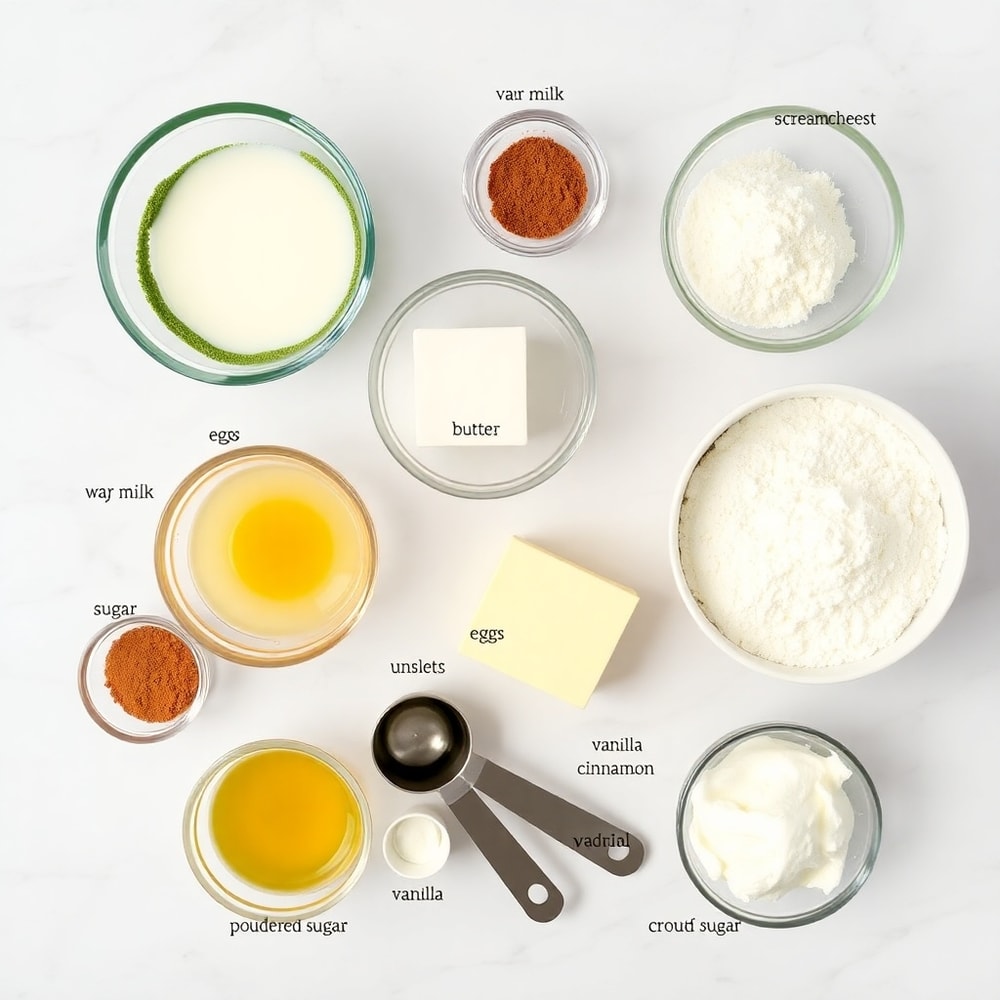 Raw ingredients for matcha cinnamon rolls on a marble surface