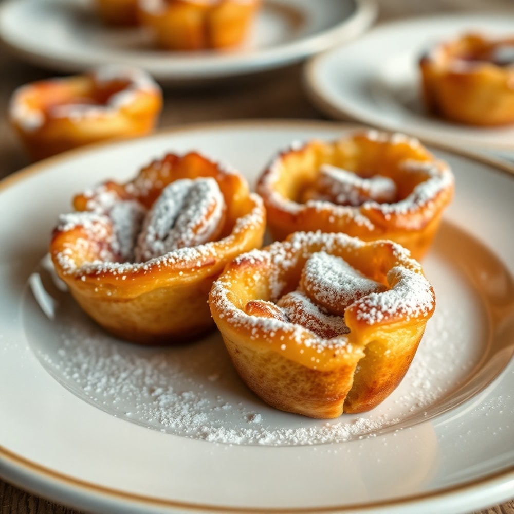 French Toast Cups plated with a dusting of powdered sugar