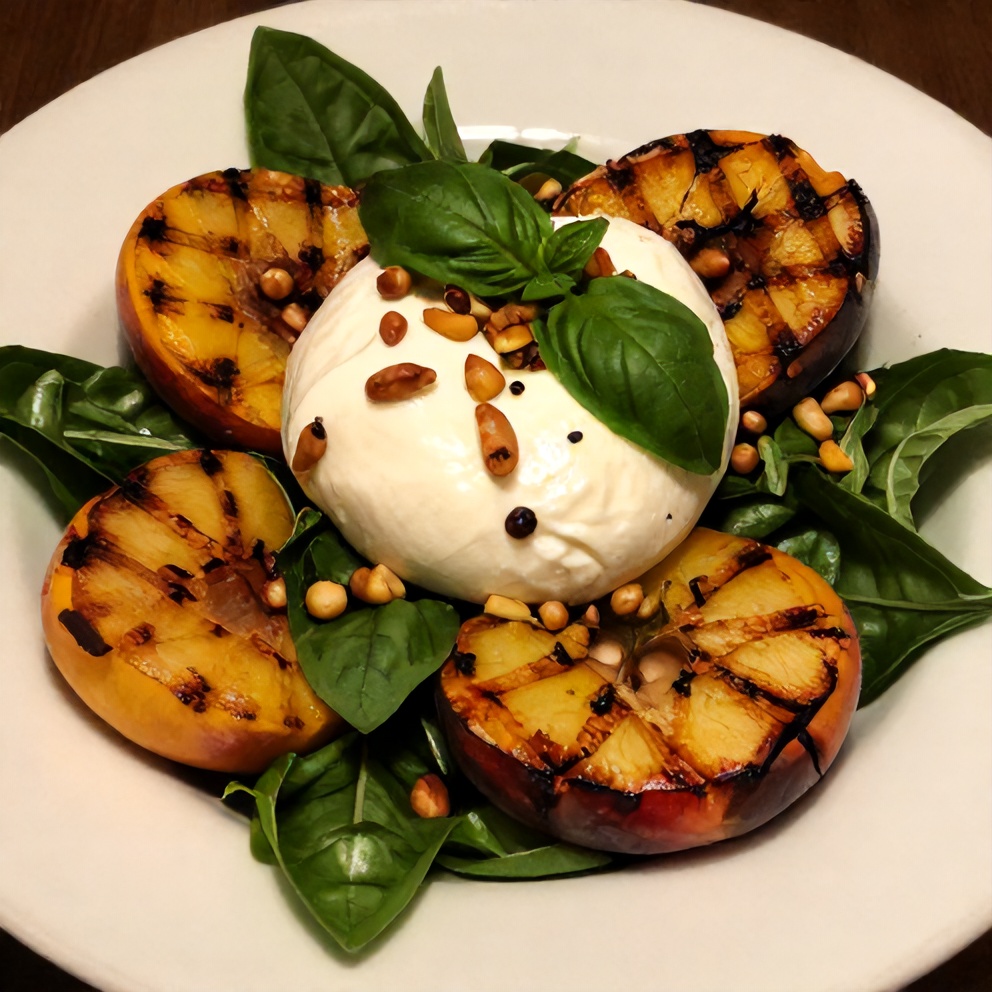 Plated Grilled Peach Burrata Salad