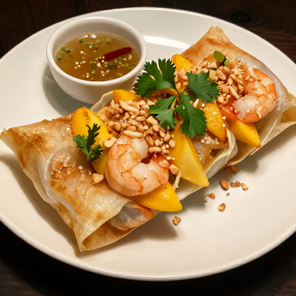 Plated Fresh Mango Shrimp Summer Rolls with Tangy Dipping Sauce