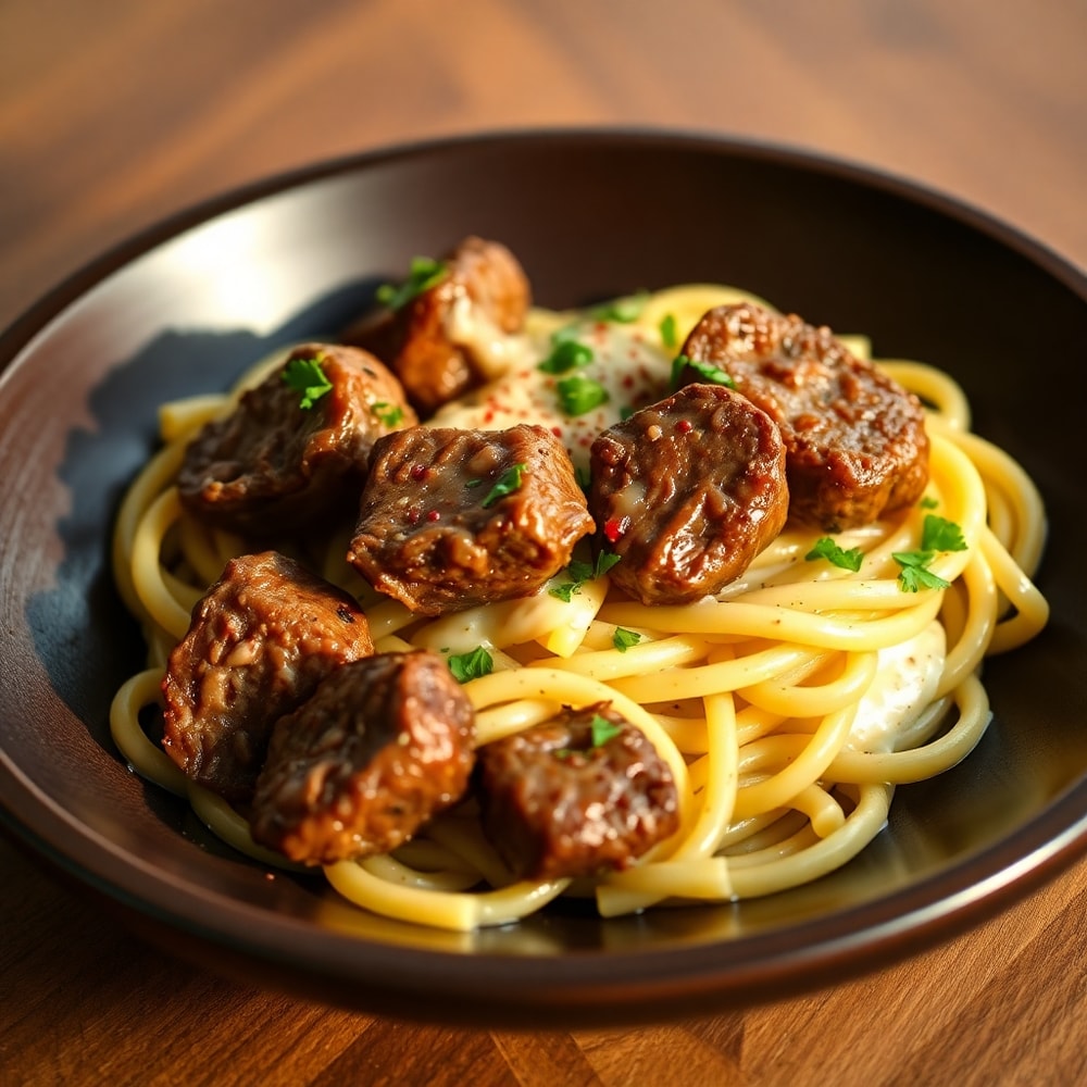 Garlic Butter Steak Bites with Pasta and Parmesan Cream