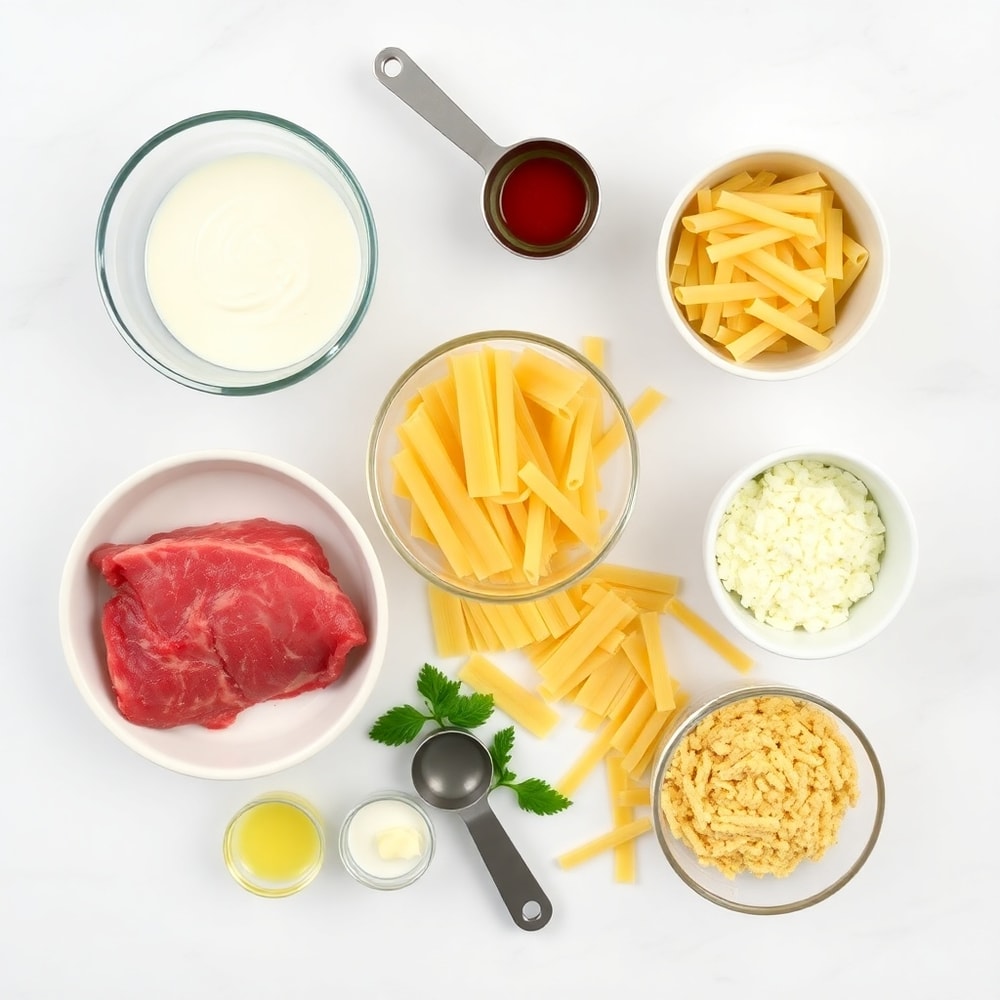 Raw Ingredients for Garlic Butter Steak Bites with Pasta and Parmesan Cream