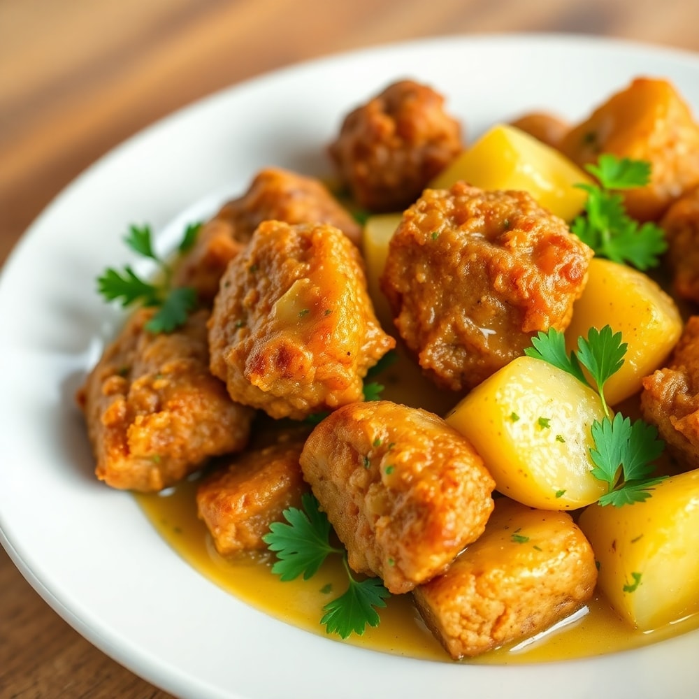 Plated Garlic Butter Steak Bites and Potatoes with fresh parsley