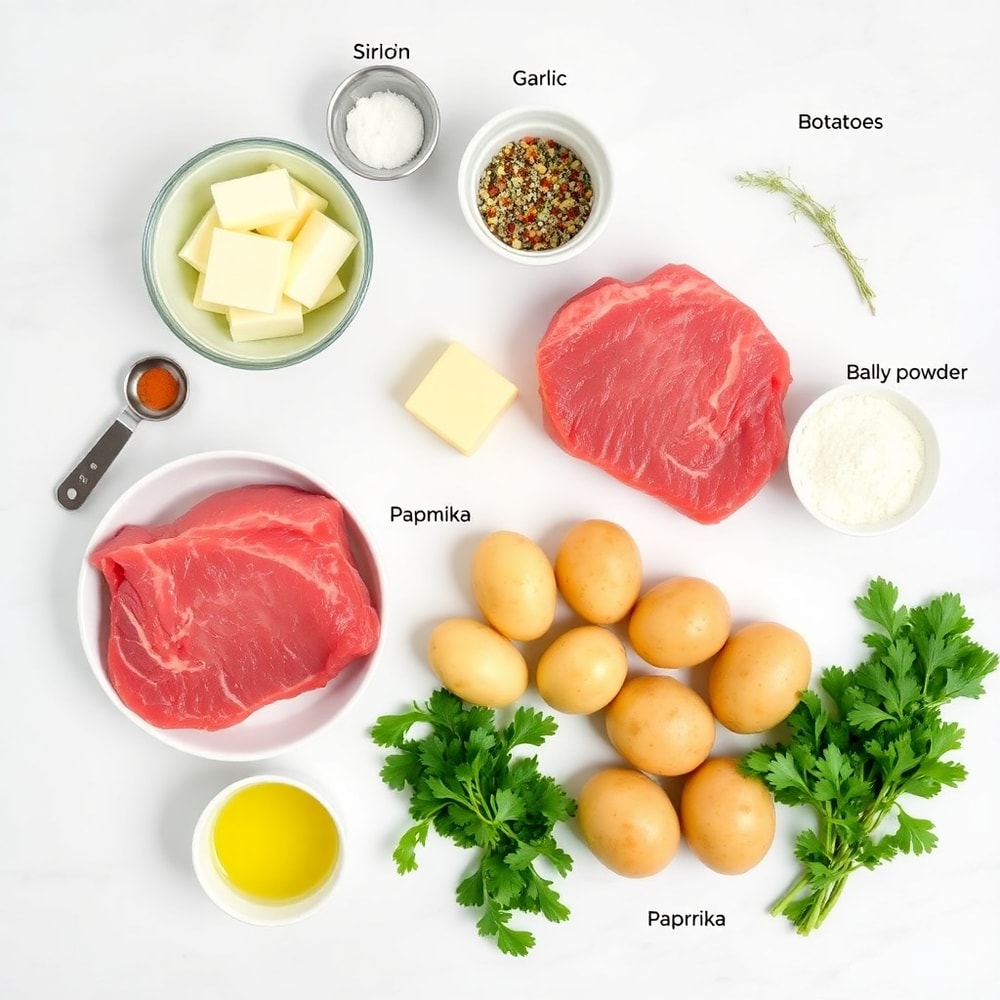 Raw ingredients for Garlic Butter Steak Bites and Potatoes on a marble surface
