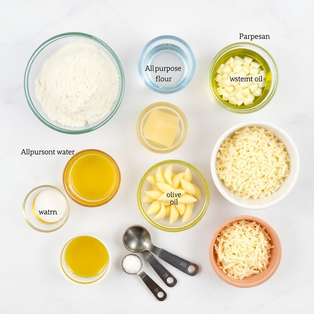 Ingredients for Garlic Parmesan Focaccia on a marble counter