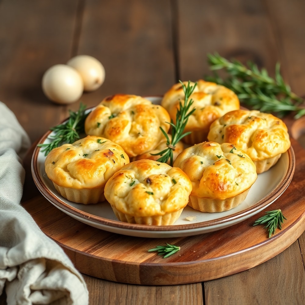 One perfect plated serving of Garlic Rosemary Focaccia Muffins on a rustic wooden board, garnished with fresh rosemary, with warm side lighting highlighting the crispy edges and golden crust.