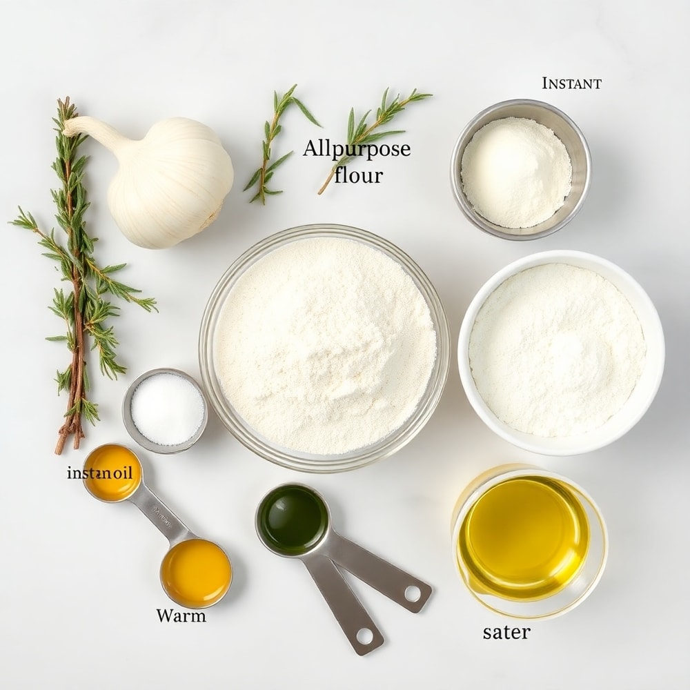 Overhead flat lay of garlic, fresh rosemary, all-purpose flour, instant yeast, olive oil, salt, and warm water arranged on a white marble surface with measuring spoons and bowls, under bright even natural light.