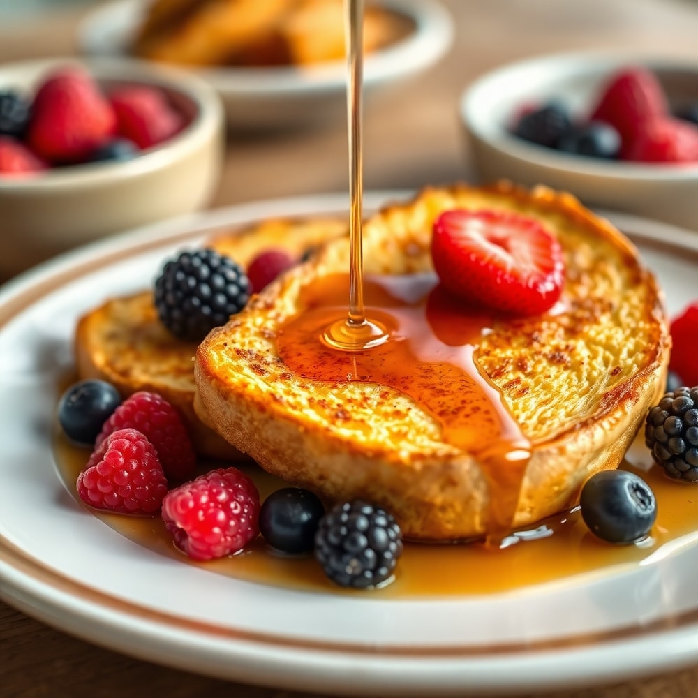 Plated golden french toast with syrup and fresh berries