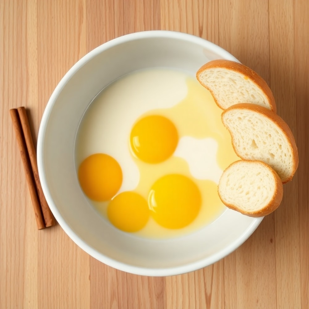 Bowl of eggs, milk, vanilla extract, bread slices, cinnamon, and butter on a wooden surface