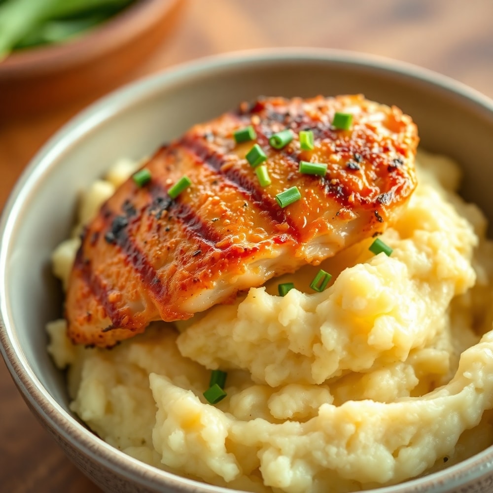 Close-up of grilled chicken mashed potato bowl with crispy chicken skin and creamy potatoes