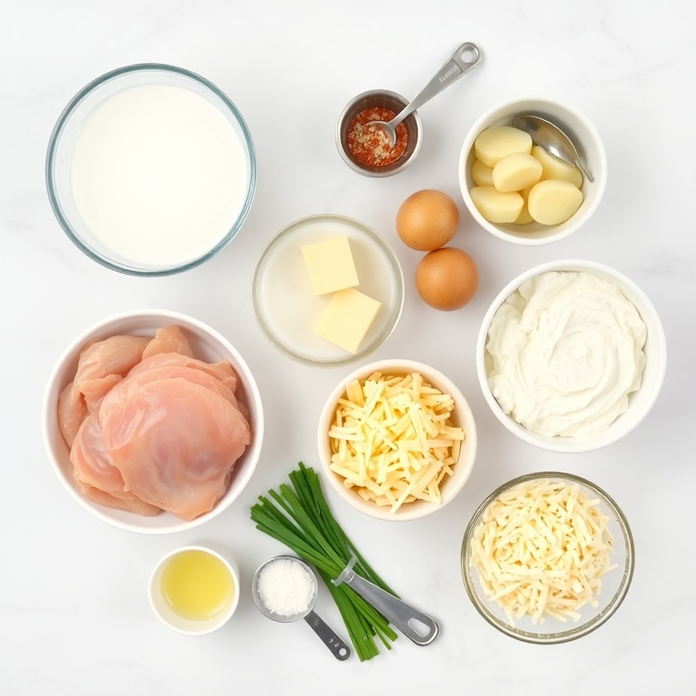Raw ingredients for grilled chicken mashed potato bowls including chicken breasts, potatoes, and seasonings