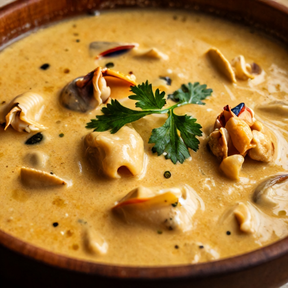 Bowl of creamy seafood bisque garnished with fresh parsley