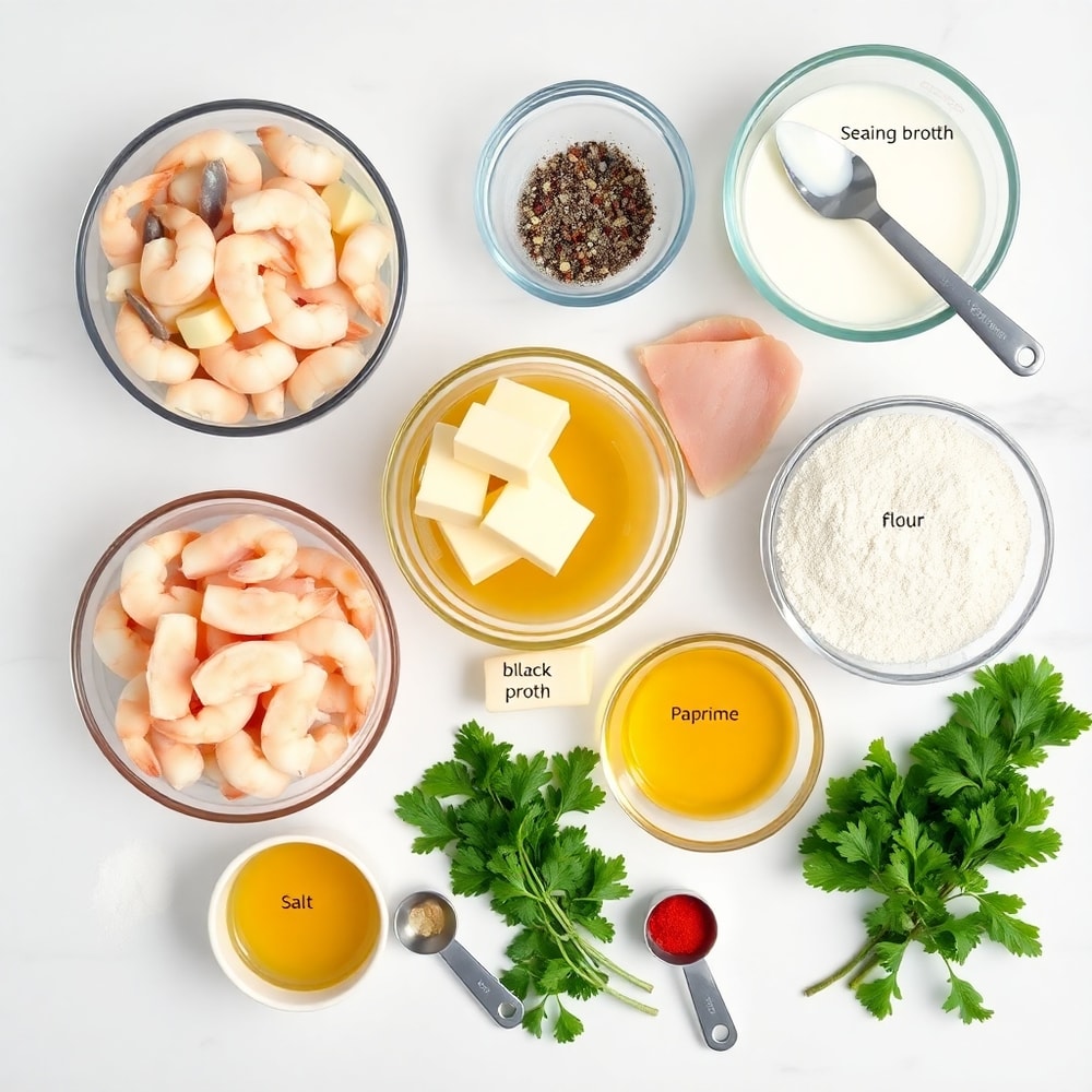 Raw ingredients for seafood bisque: shrimp, crab meat, fish fillets, onions, garlic, butter, flour, milk, etc.